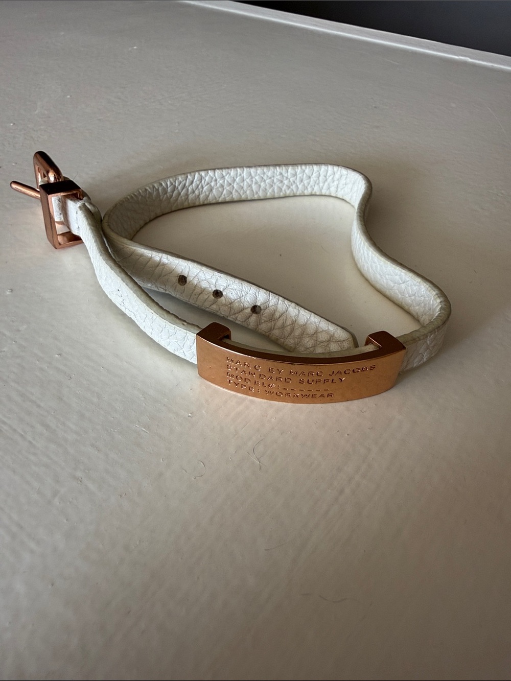 Marc Jacobs White Leather ID Bracelet with Rose Gold Plate